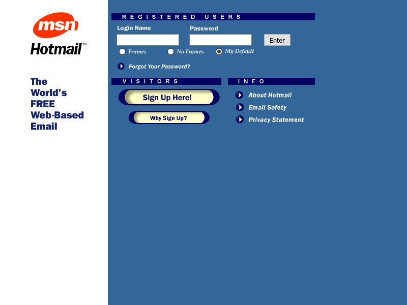 Hotmail website looked like in 1998