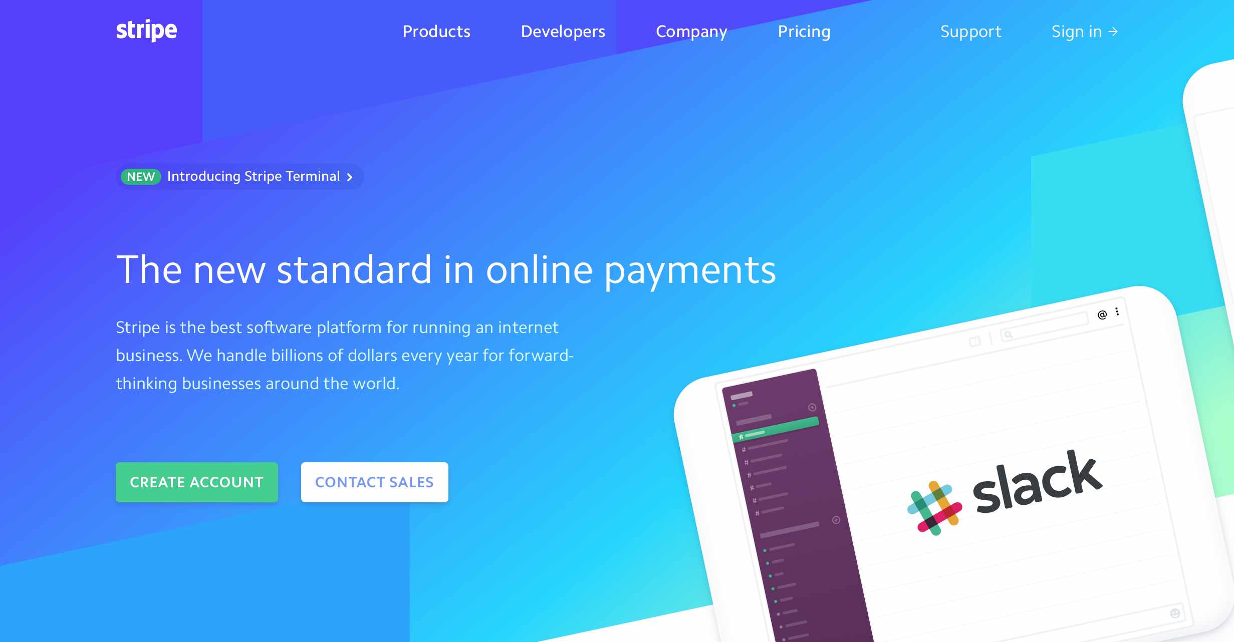 Main Menu of Stripe Website