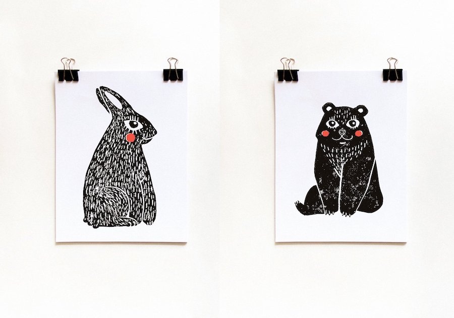 cute linocut vintage animales