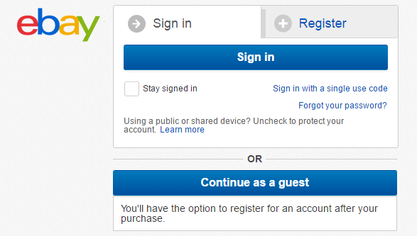 eBay provides easy distinguashable “Continue as a guest” option