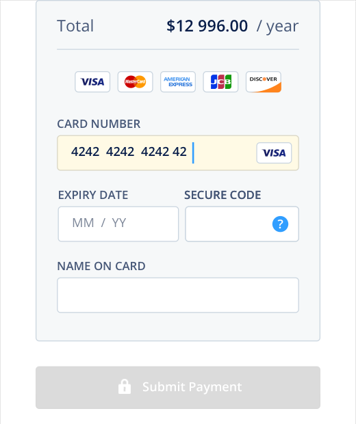 Bank card details form