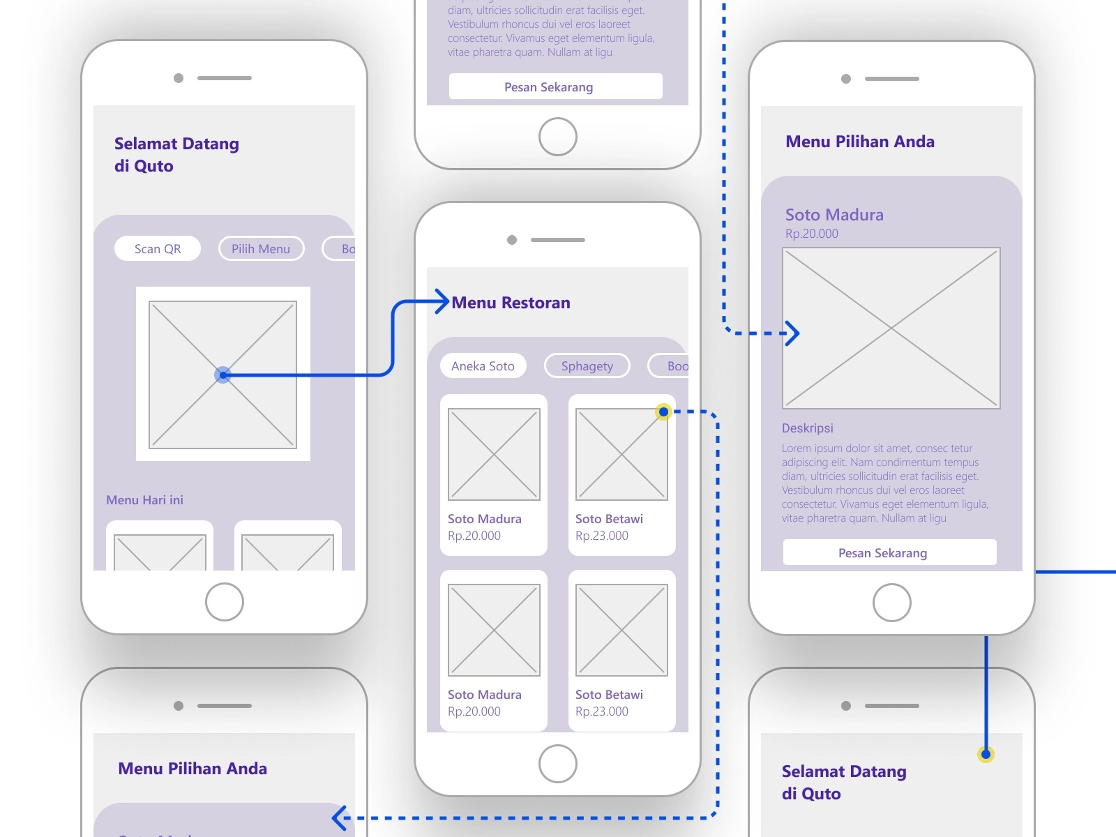 low-fidelity wireframes of the Quto App