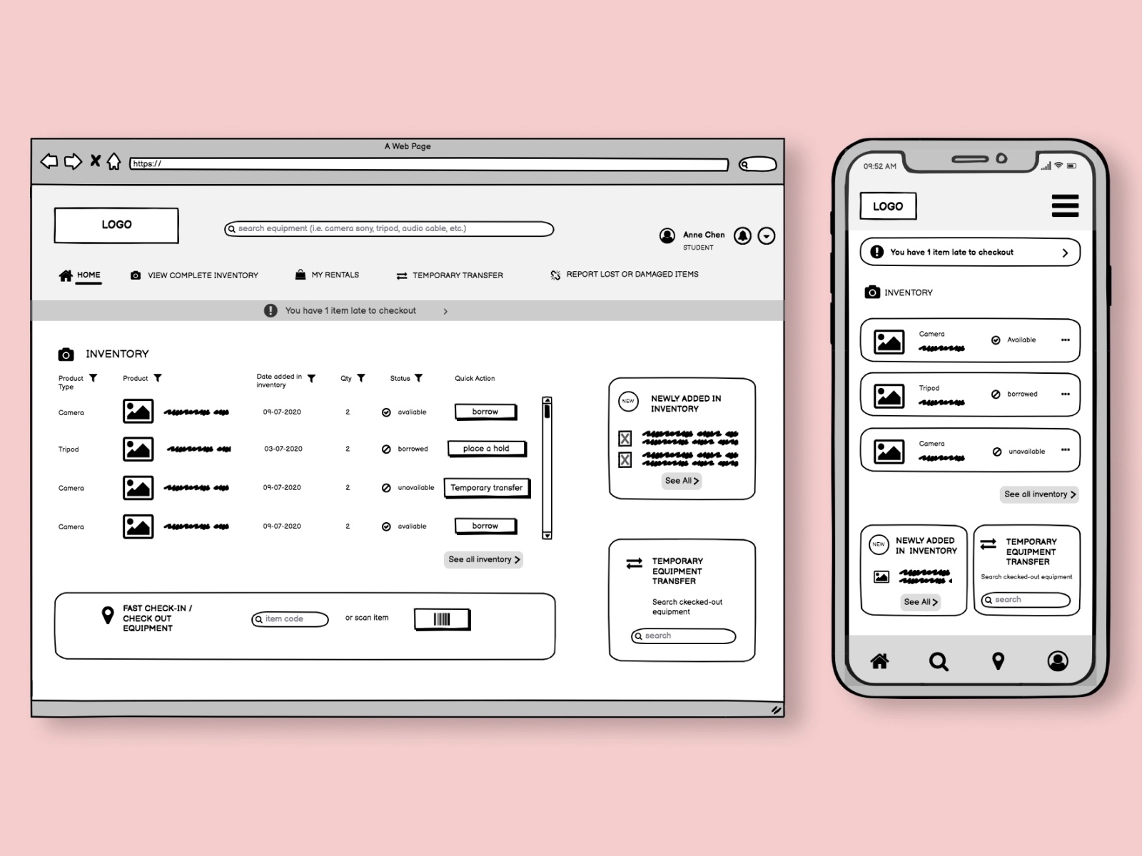 Mid-fidelity wireframe of a webpage and mobile app