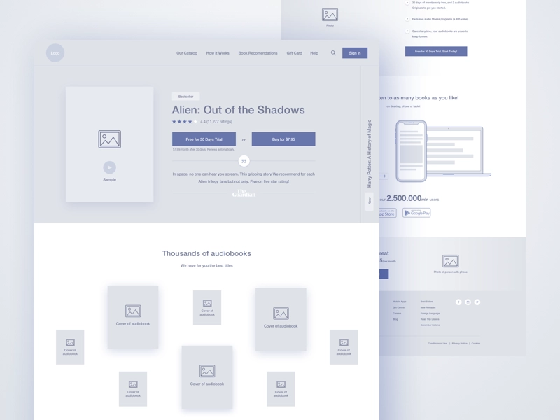 Mid-fidelity wireframe of a homepage