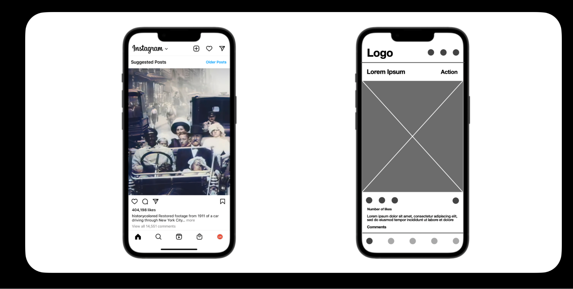 A wireframe of the Instagram page (right) created using Mockplus RP.
