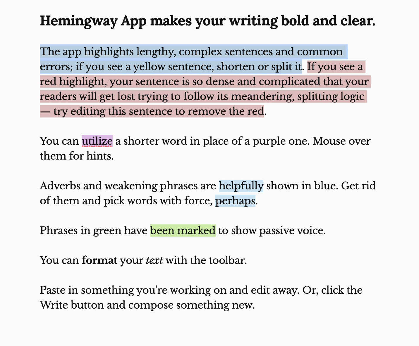 Hemingway app in action