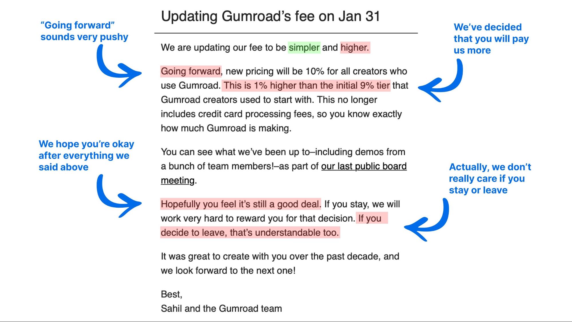 Gumroad's update about a price increase