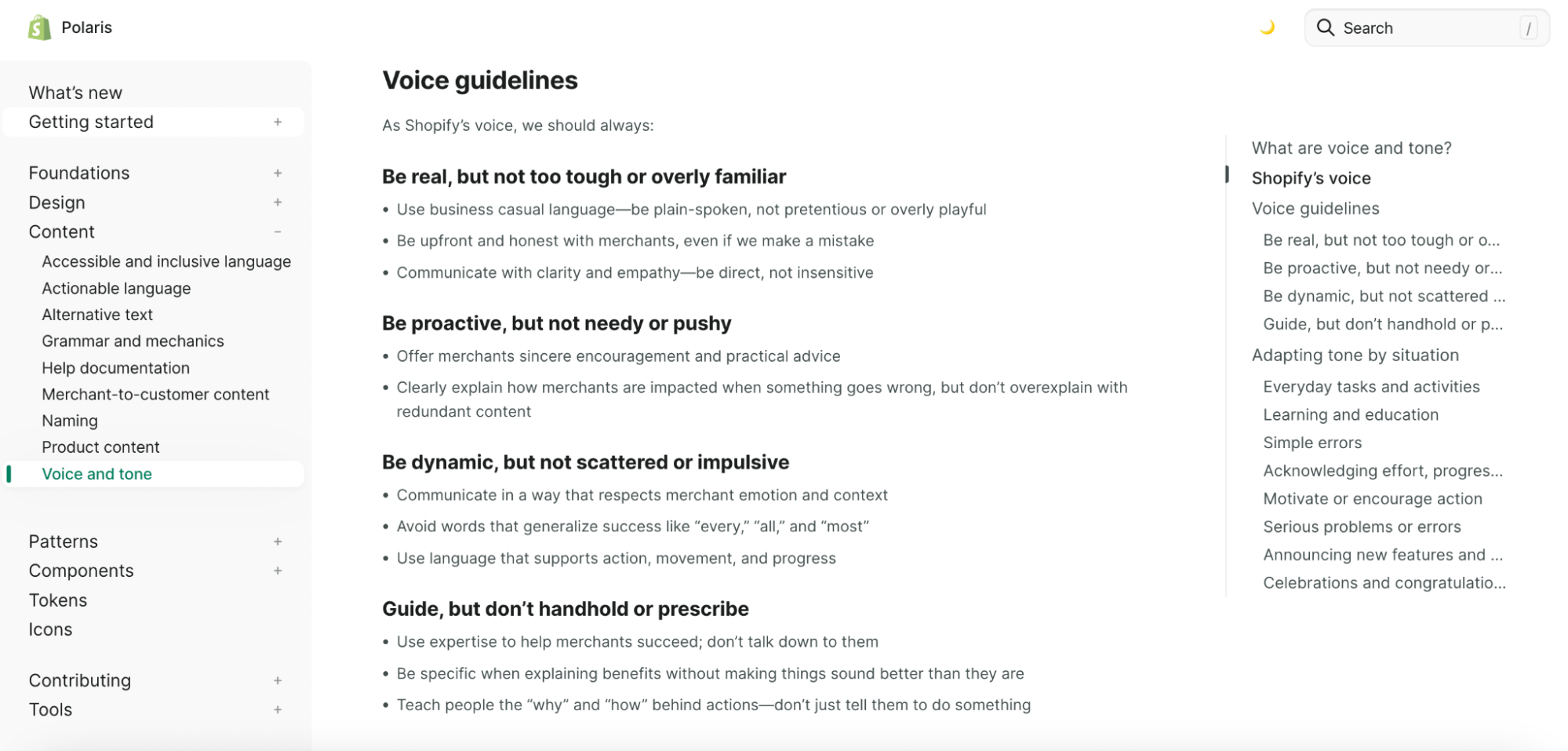 Shopify Polaris tone and voice guidelines
